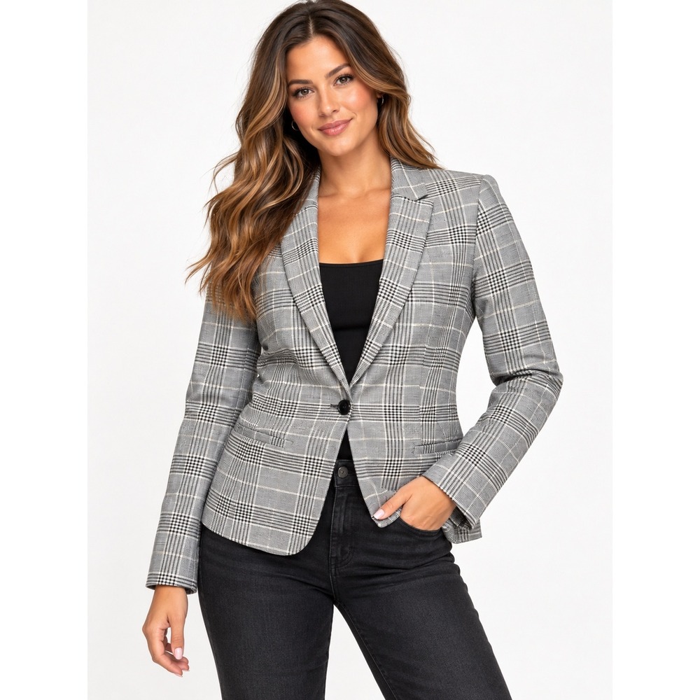 Banana Republic Blazer Womens 14 Black White Plaid Bi-Stretch Classic Fit Jacket